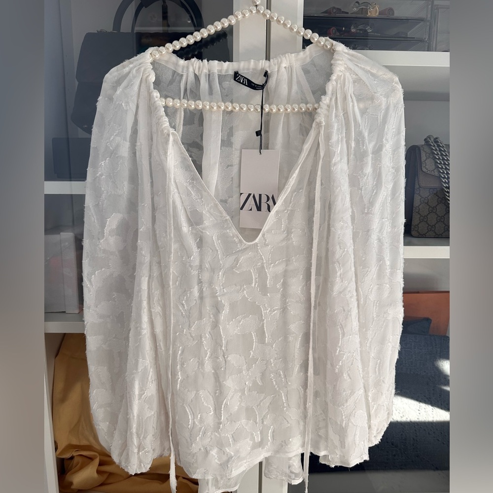 Zara Textured Semi Sheer Blouse oyster white top -a size Small